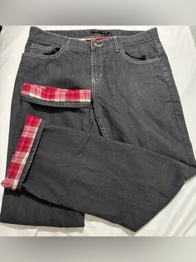 Prana Lined Boyfriend Jeans Size 12 Charcoal Gray Red Plaid Flannel Cuff Roll Up
